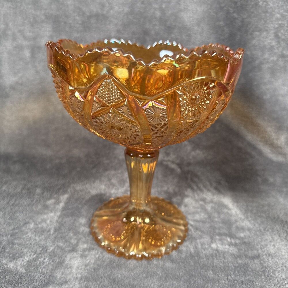Vintage Imperial Glass Marigold Carnival Glass 7 3/4" Tall Pedestal Compote